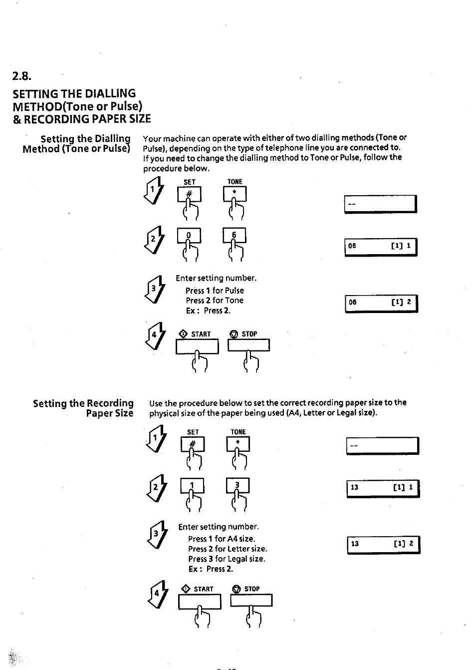 Setting the dialling method(tone or pulse), 8i recording paper size, And recording paper size -10 | Setting the dialling method (tone or pulse) -10 | Panasonic Panafax UF-311 User Manual | Page 19 / 75