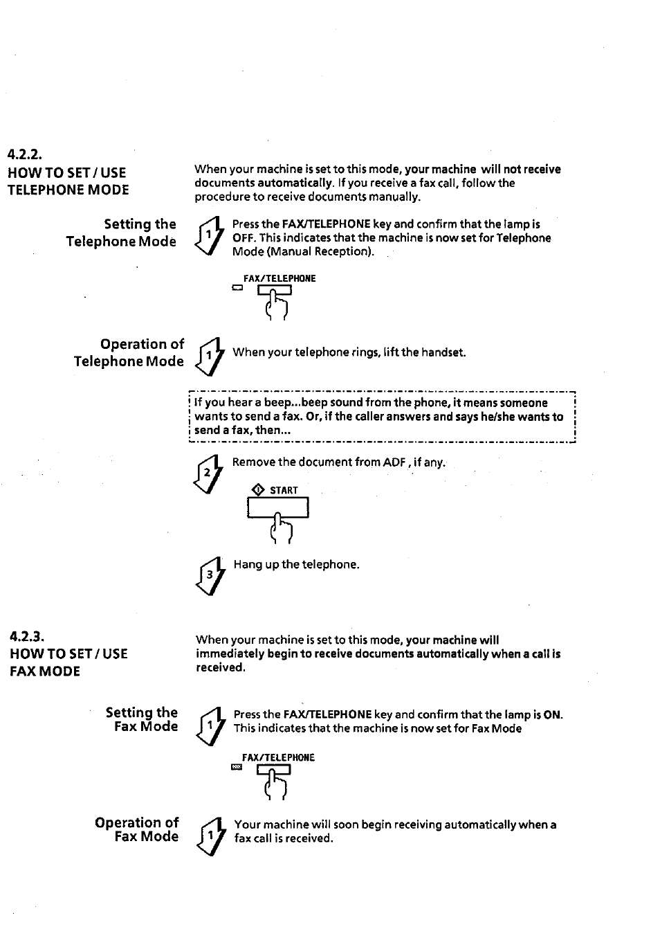 Howto set/use fax mode, Setting the fax mode, Operation of fax mode | Operation of telephone mode -10, Howto set/use fax mode -10, Setting the fax mode -10 | Panasonic Panafax UF-311 User Manual | Page 37 / 75