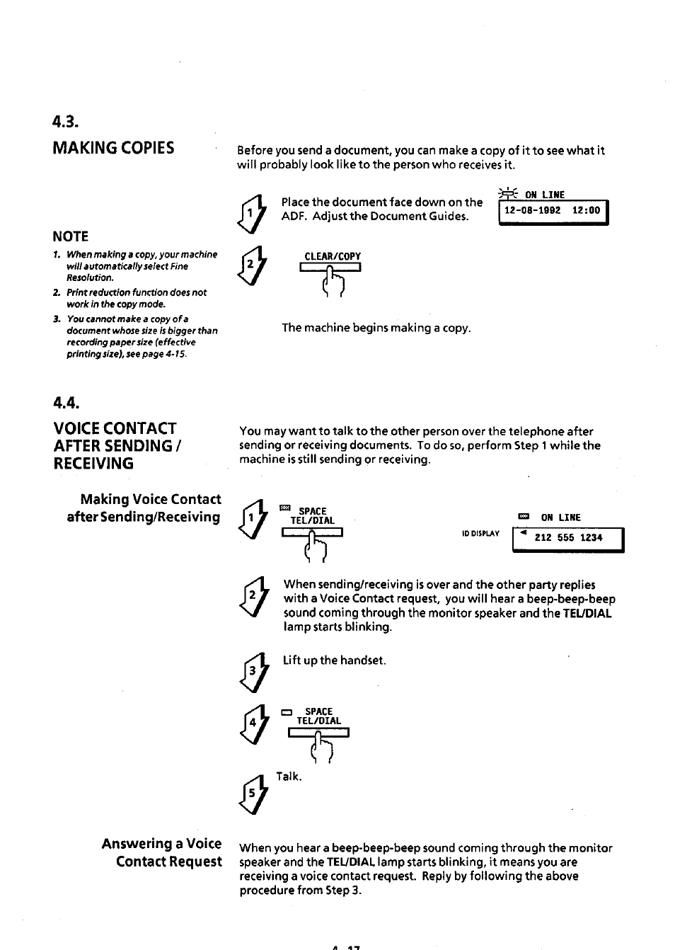 Note, Making voice contact after sending/receiving, Voice contact after sending/receiving -17 | Panasonic Panafax UF-311 User Manual | Page 44 / 75