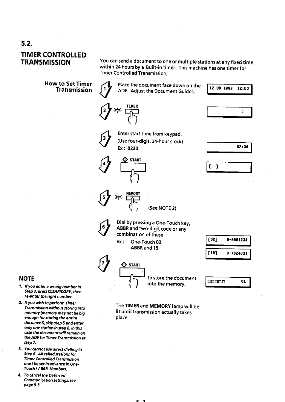 Timer controlled transmission, How to set timer transmission, Note | Timer controlled transmission -2, How to set timer transmission -2 | Panasonic Panafax UF-311 User Manual | Page 46 / 75