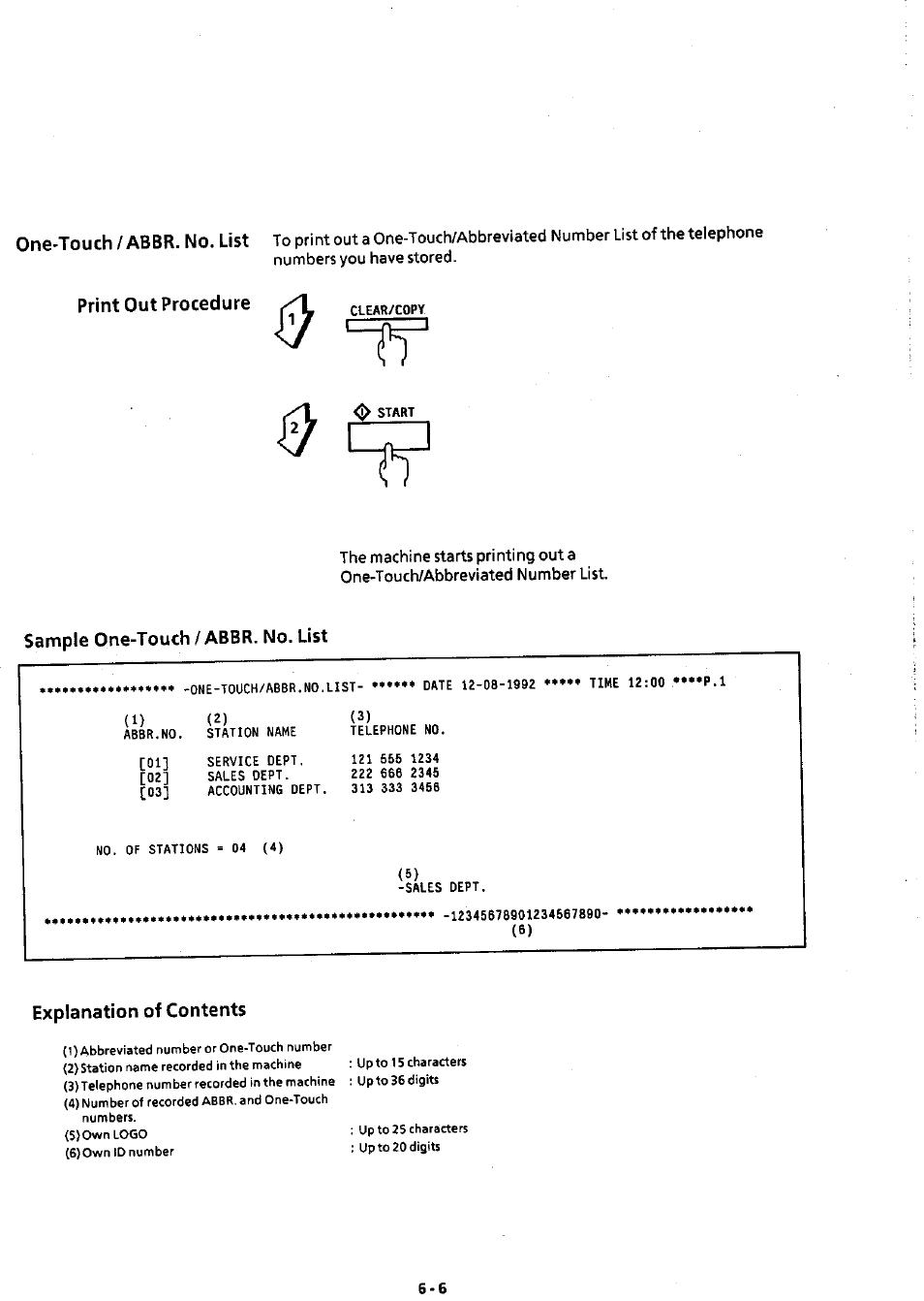 Sample one-touch / abbr. no. list, Explanation of contents, One-touch/abbr. no.list -6 | Panasonic Panafax UF-311 User Manual | Page 53 / 75