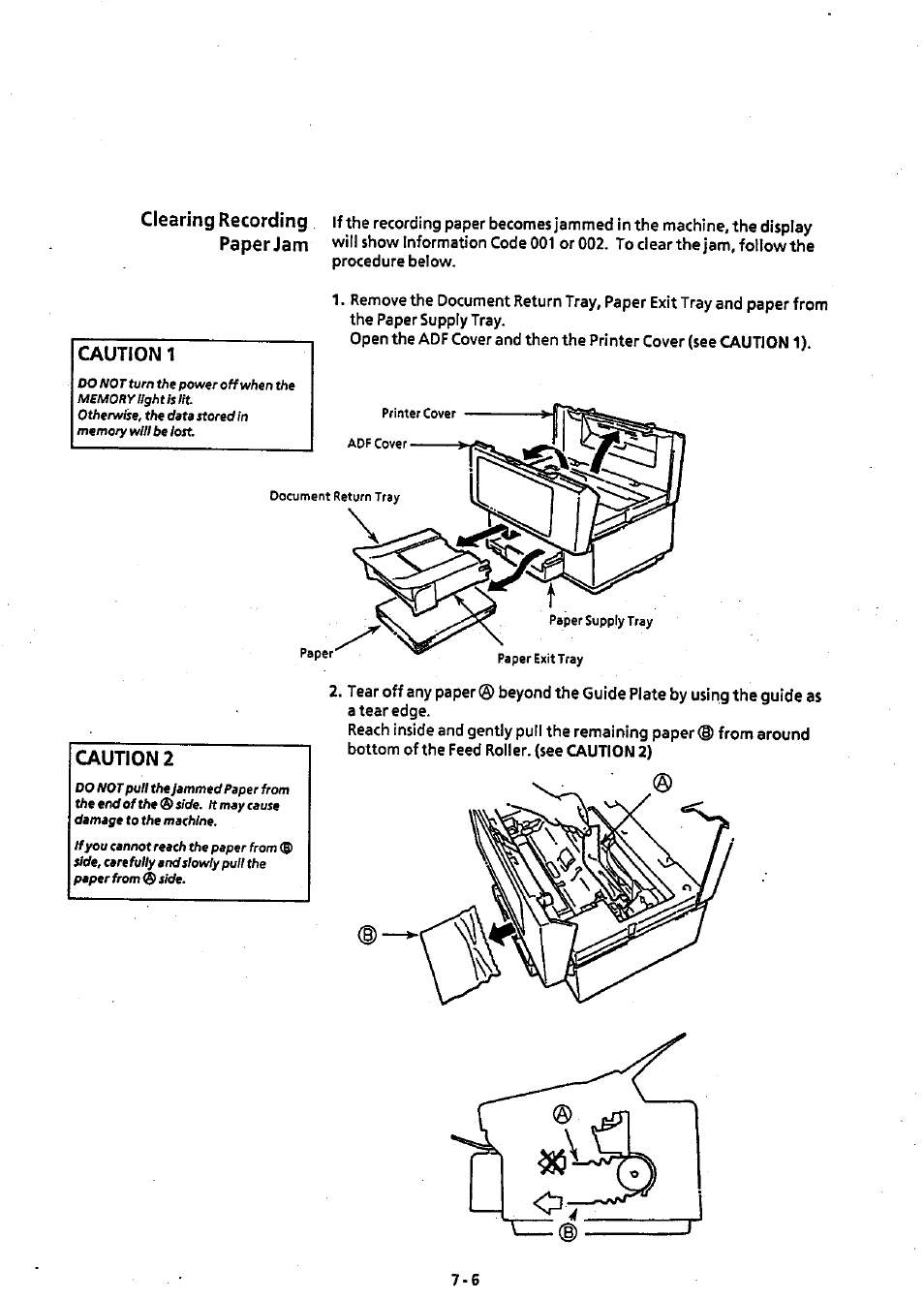 Clearing recording paper jam, Caution 1, Caution 2 | Loading recording paper -7 | Panasonic Panafax UF-311 User Manual | Page 62 / 75