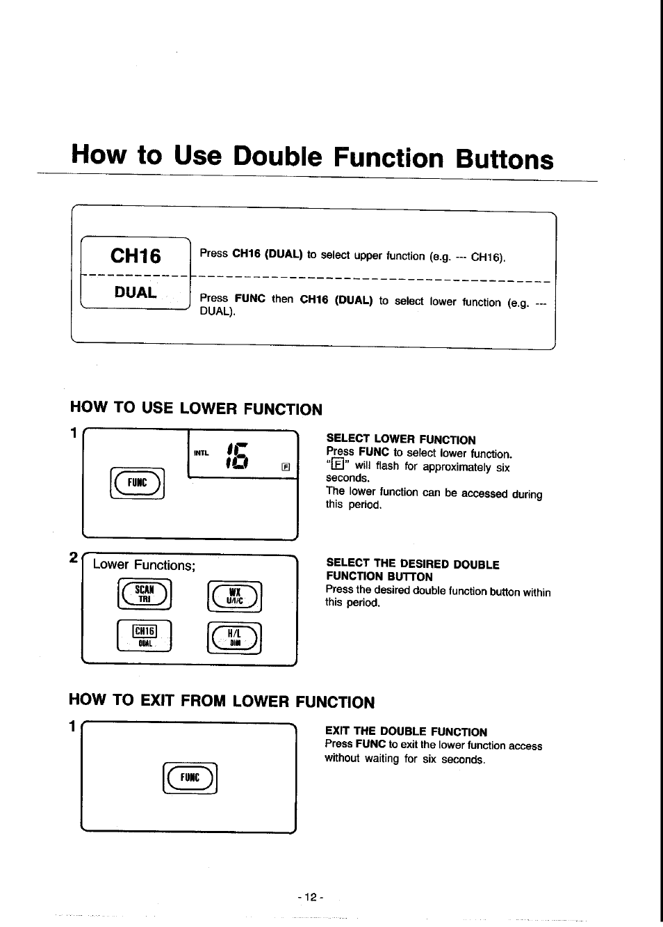 How to use double function buttons, Dual, How to use lower function | Select the desired double function button, How to exit from lower function, Exit the double function, Chi 6 | Panasonic KX-G2200A User Manual | Page 13 / 36