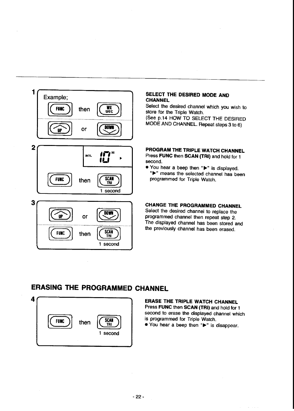 Select the desired mode and channel, Change the programmed channel, Erasing the programmed channel | Panasonic KX-G2200A User Manual | Page 23 / 36