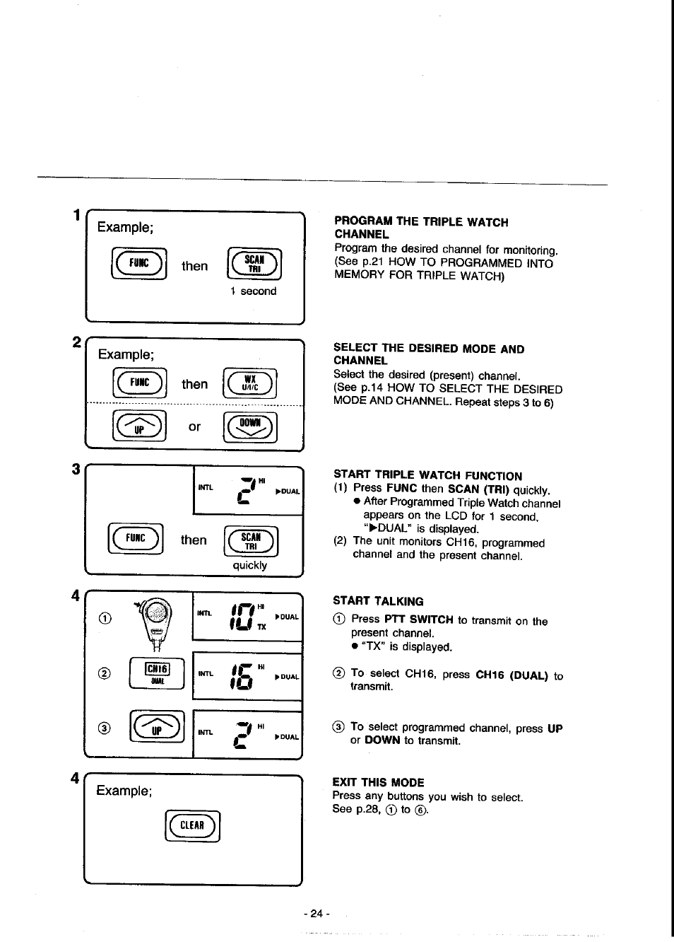 Program the triple watch channel, Select the desired mode and channel, Start triple watch function | Start talking, Exit this mode | Panasonic KX-G2200A User Manual | Page 25 / 36