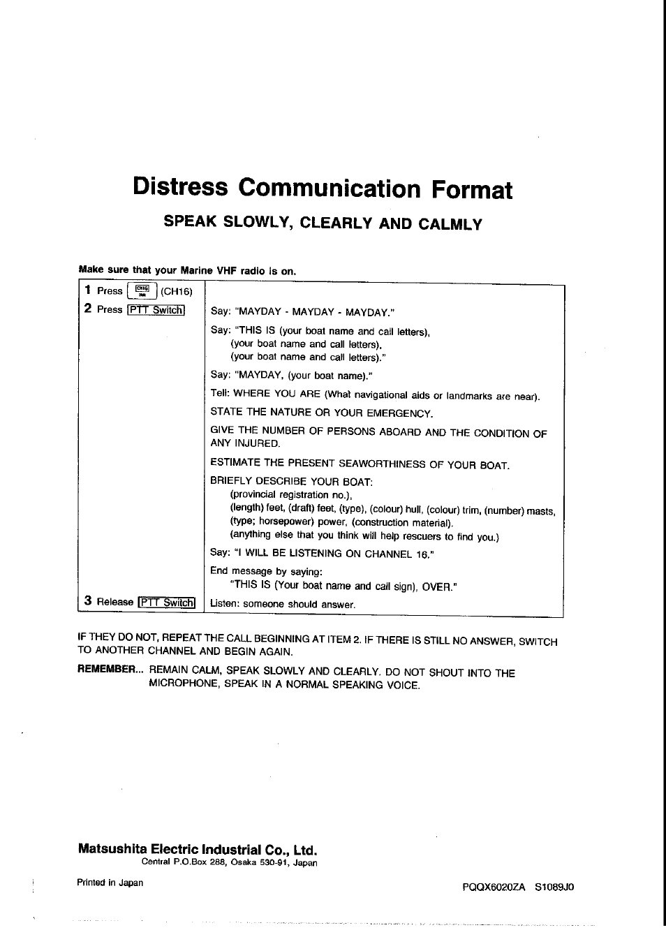 Distress communication format, Matsushita electric industrial co., ltd, Speak slowly, clearly and calmly | Panasonic KX-G2200A User Manual | Page 36 / 36