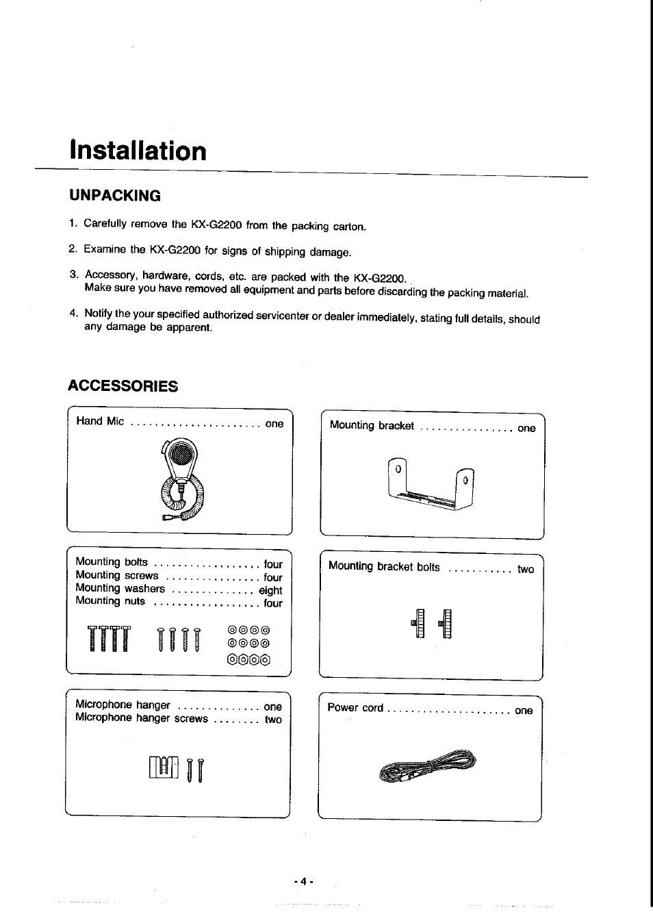 Unpacking, Accessories, Installation | Panasonic KX-G2200A User Manual | Page 5 / 36