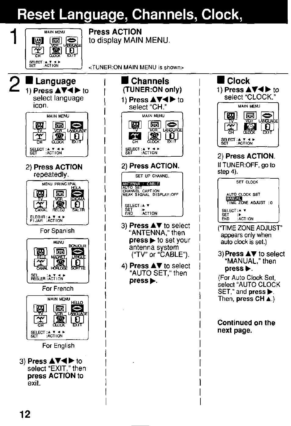 Reset language, channels, clock, Press action, Language | Channels, Clock | Panasonic Combinatin VCR AG-513E User Manual | Page 12 / 40