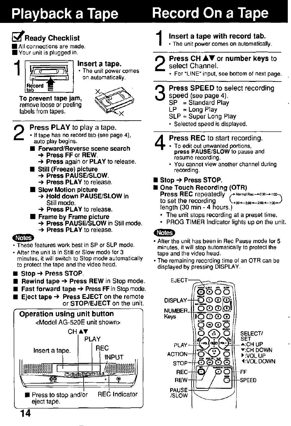 Playback a tape record on a tape, Select channel, Lo g) | C 3 ® ® o | Panasonic Combinatin VCR AG-513E User Manual | Page 14 / 40