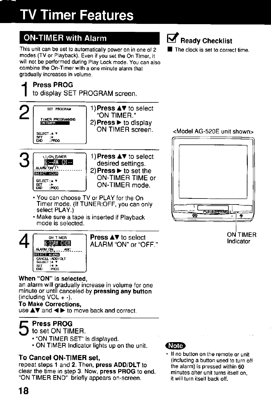 Tv timer features, Tv timer features ,19, On-timer with alarm | Panasonic Combinatin VCR AG-513E User Manual | Page 18 / 40