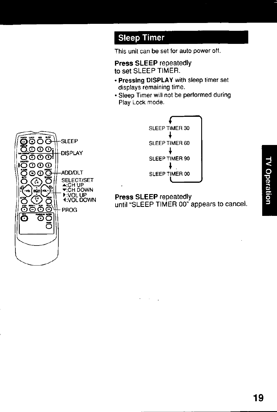 Press sleep repeatedly to set sleep timer, Until “sleep timer 00" appears to cancel, Sleep timer | Oog-u, O © © o-w, Press sleep, Pressing display | Panasonic Combinatin VCR AG-513E User Manual | Page 19 / 40