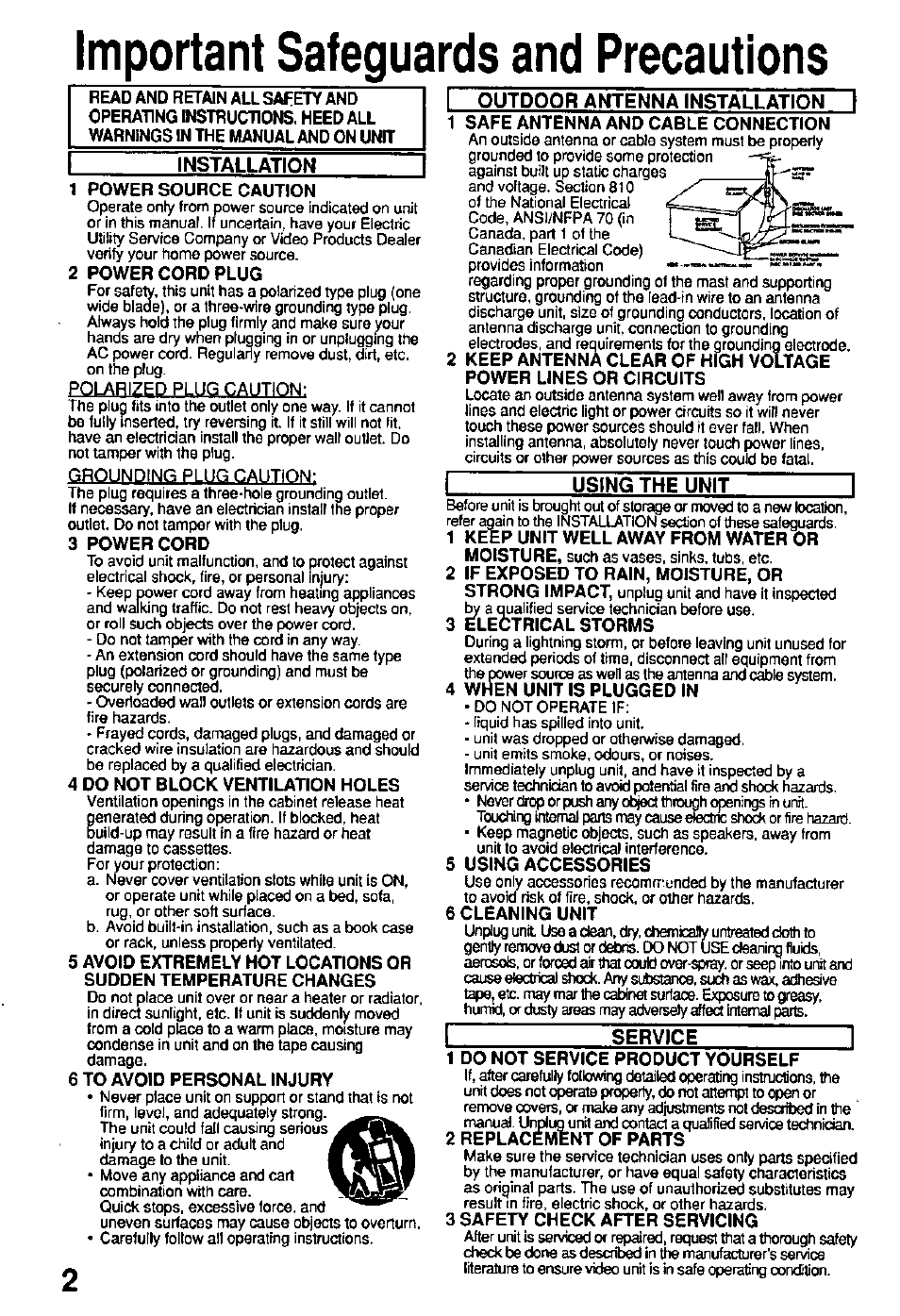 Important safeguards and precautions, Installation, I outdoor antenna installation | Using the unit, Service | Panasonic Combinatin VCR AG-513E User Manual | Page 2 / 40