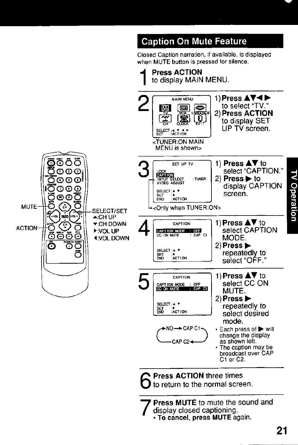 Caption on mute feature, Qoòo 0^0© cds | Panasonic Combinatin VCR AG-513E User Manual | Page 21 / 40