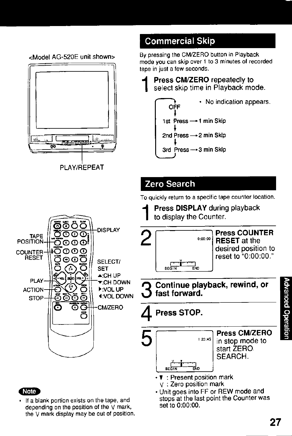Press counter reset at the, Press cm/zero, 5 © p o | Commercial skip, Zero search | Panasonic Combinatin VCR AG-513E User Manual | Page 27 / 40