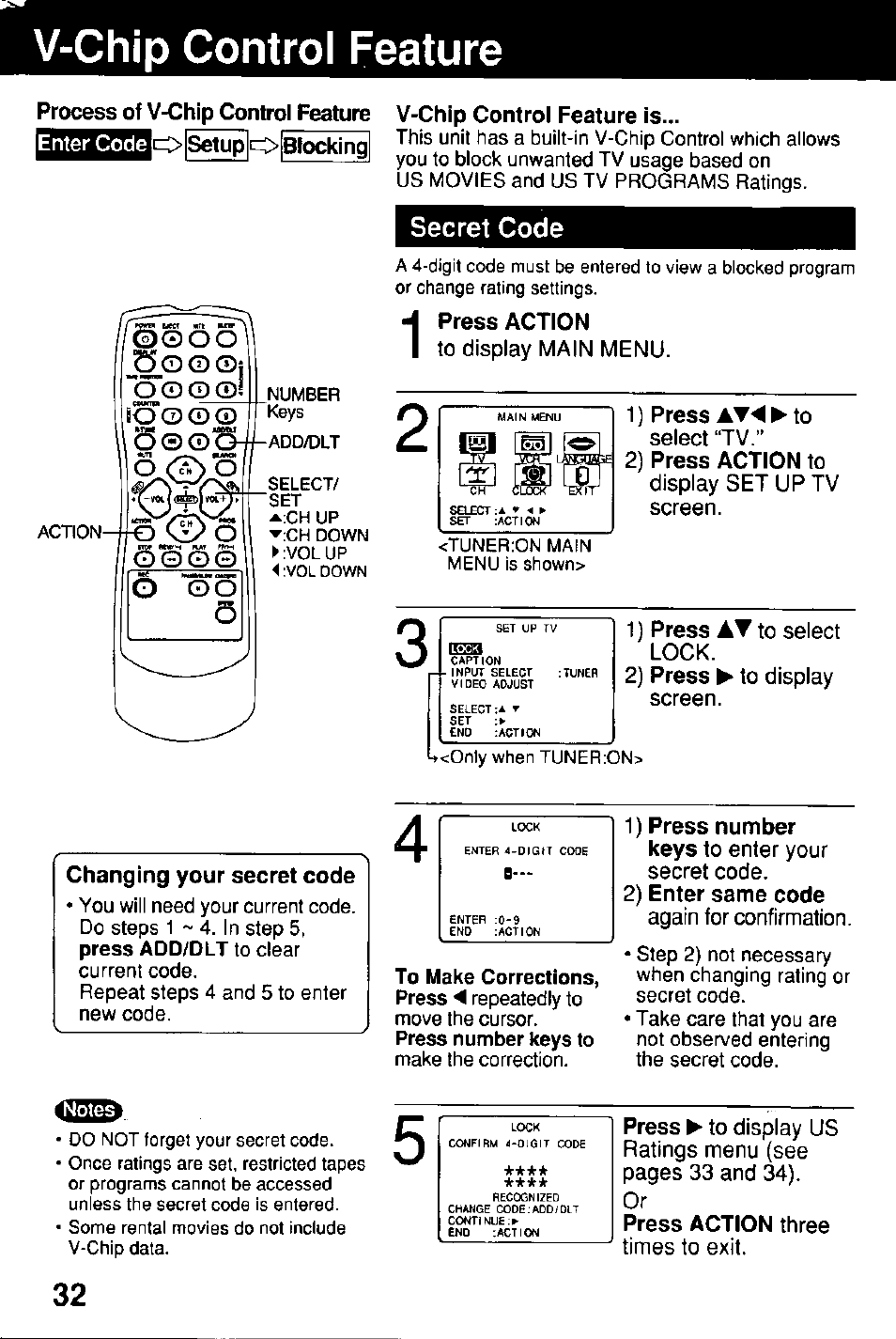 V-chip control feature, Process of v-chip control feature, Enter code | O setup o blocking, V-chip control feature is, Secret code, Press action, 2) press action to, Changing your secret code, 2) enter same code | Panasonic Combinatin VCR AG-513E User Manual | Page 32 / 40