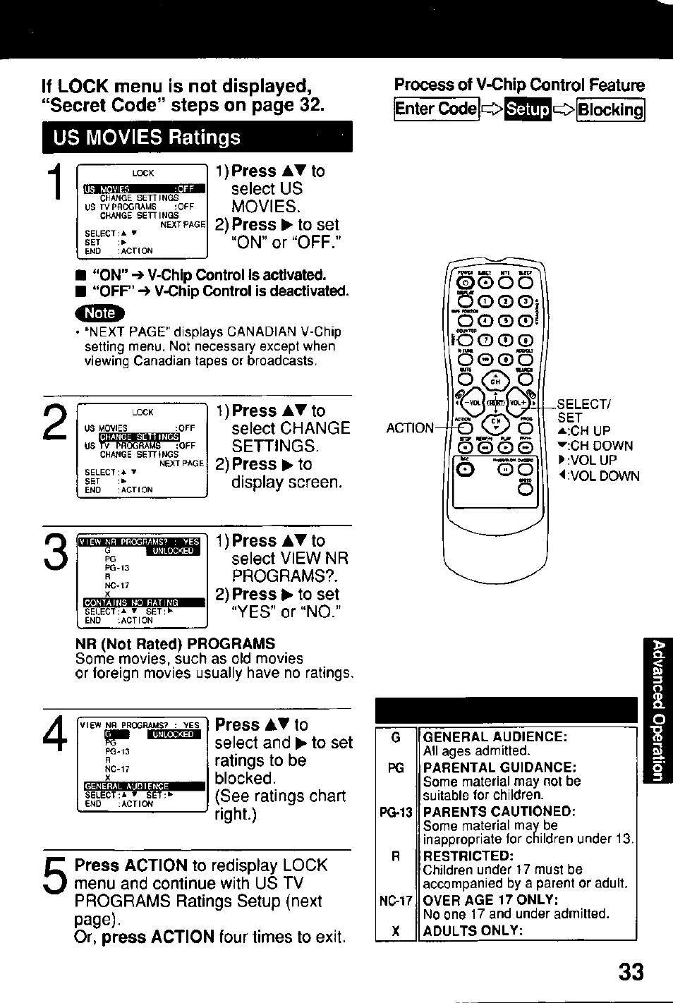 Us movies ratings, Enter code, Setup | O blocking, Press at to, Press, Pressi, Nr (not rated) programs, Enter code setup o blocking, Press at | Panasonic Combinatin VCR AG-513E User Manual | Page 33 / 40