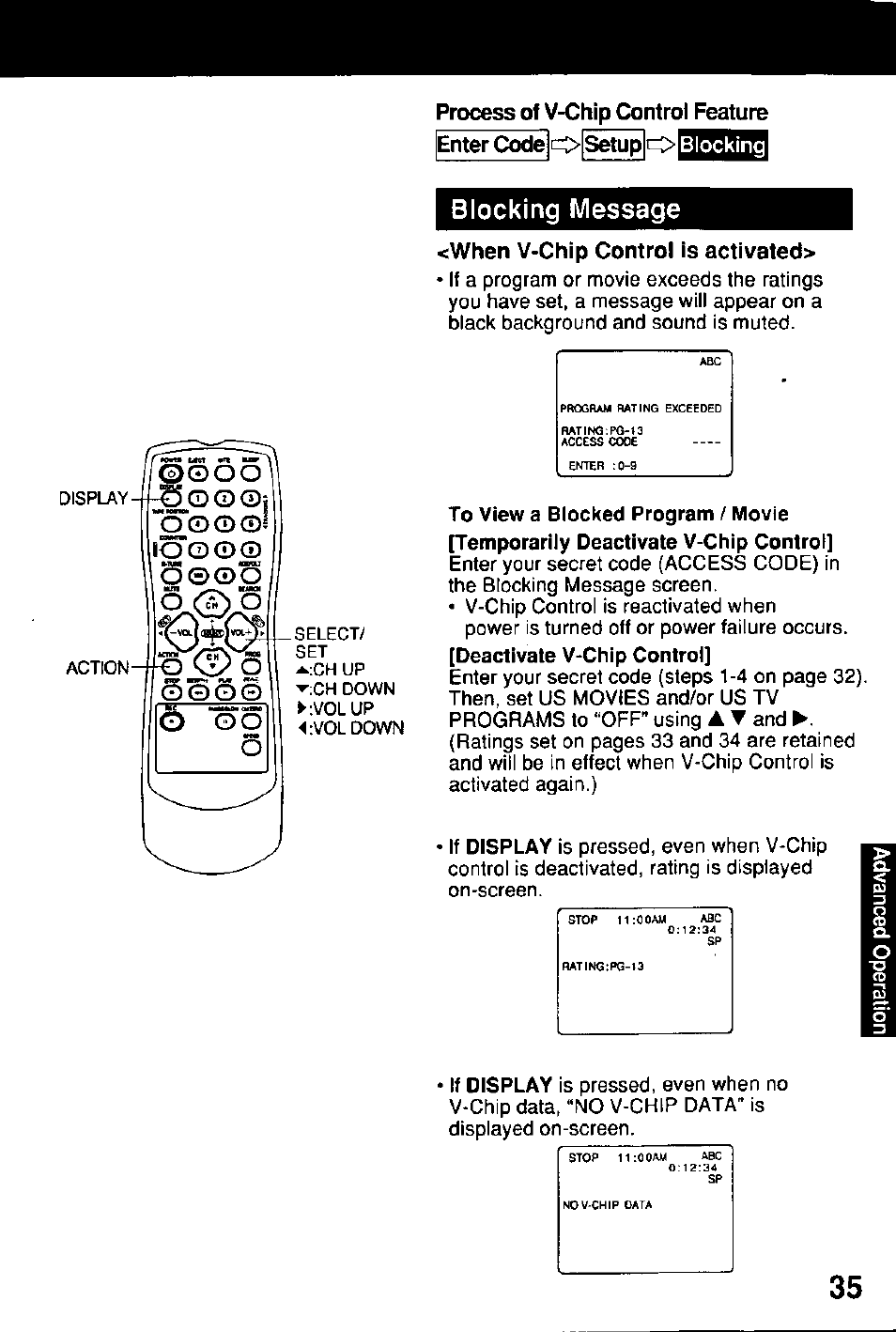 When v-chip control is activated, Deactivate v-chip control, Display | Panasonic Combinatin VCR AG-513E User Manual | Page 35 / 40