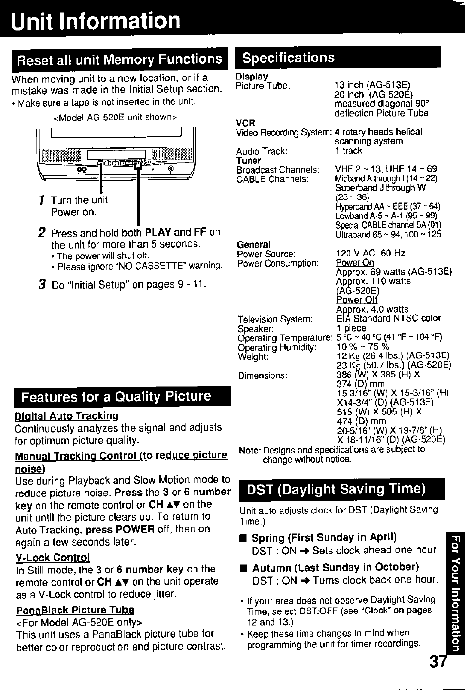 Unit information, Reset all unit memory functions i specifications, Features for a quality picture | Dst (daylight saving time), Specifications | Panasonic Combinatin VCR AG-513E User Manual | Page 37 / 40