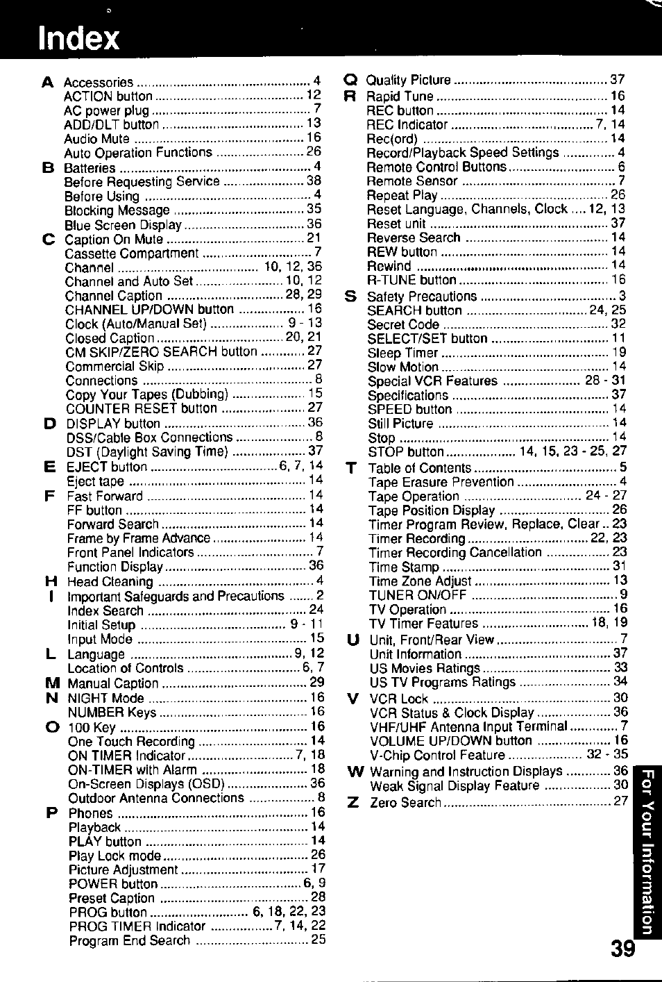 Index | Panasonic Combinatin VCR AG-513E User Manual | Page 39 / 40