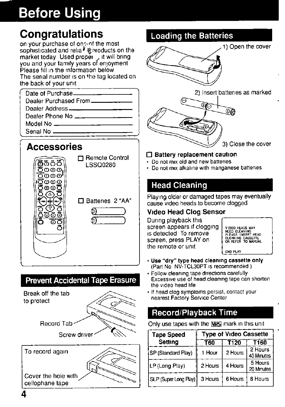 Before using, Prevent accidental tape erasure, Loading the batteries | Head cleaning, Video head clog sensor, Record/playback time, Accessories | Panasonic Combinatin VCR AG-513E User Manual | Page 4 / 40