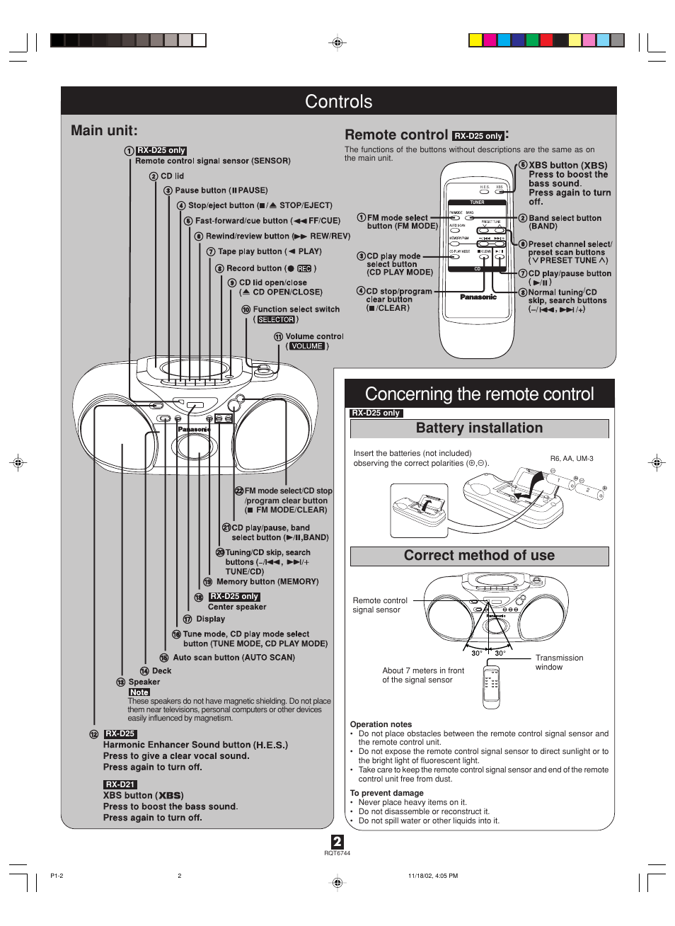 Concerning the remote control, Controls, Main unit | Remote control, Battery installation, Correct method of use | Panasonic RX-D21 User Manual | Page 2 / 8