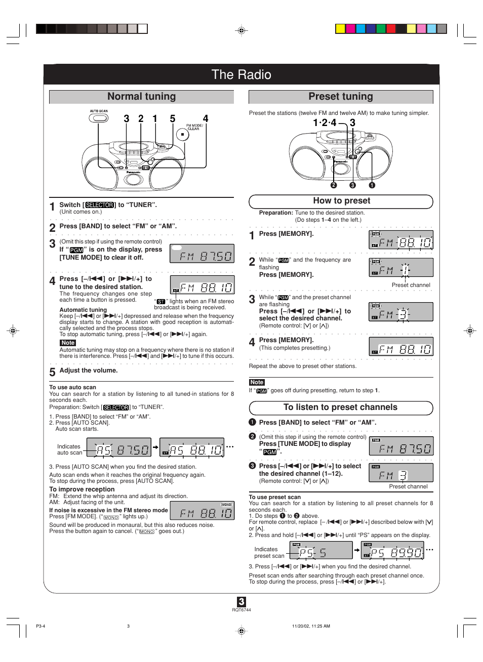 The radio, Normal tuning preset tuning | Panasonic RX-D21 User Manual | Page 3 / 8