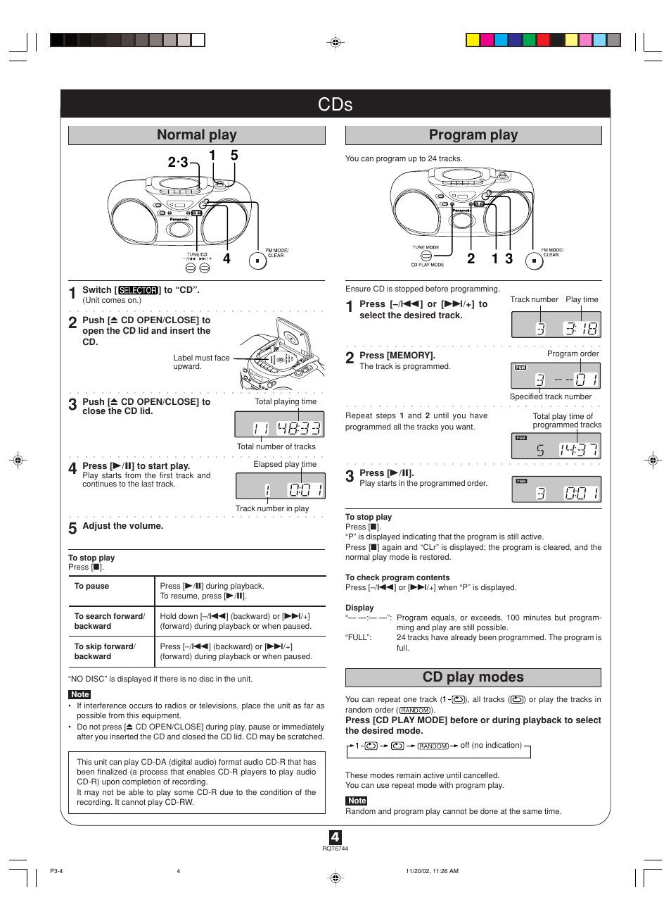 Normal play program play cd play modes | Panasonic RX-D21 User Manual | Page 4 / 8