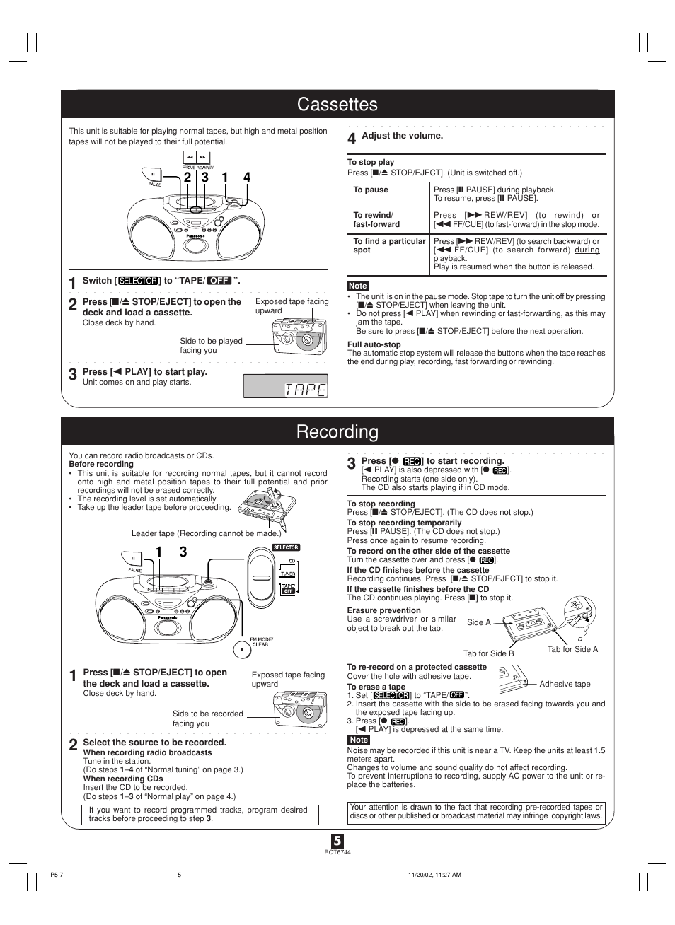 Cassettes recording | Panasonic RX-D21 User Manual | Page 5 / 8