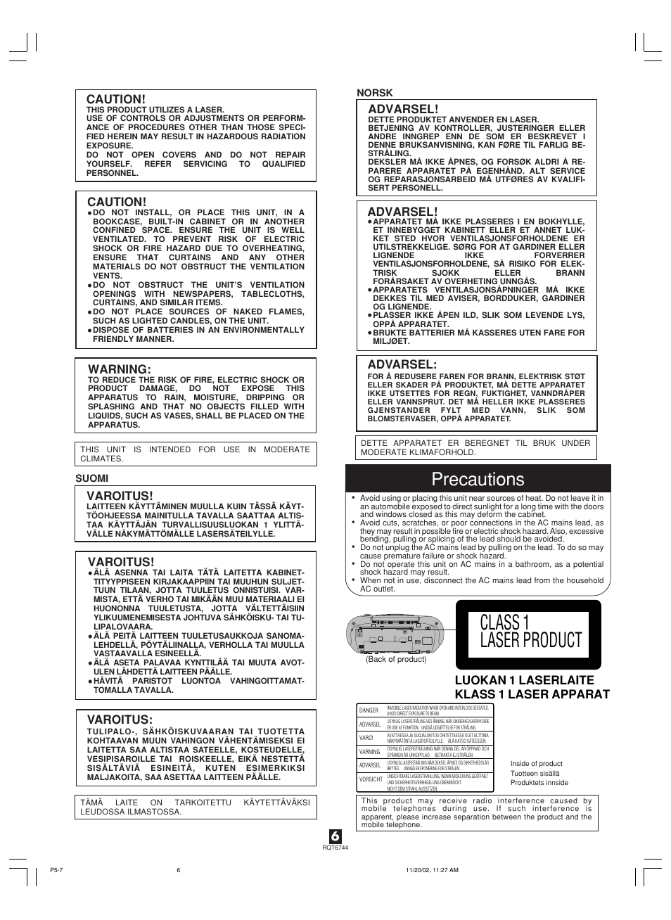 Class 1 laser product, Precautions, 6caution | Varoitus, Advarsel, Warning, Caution, Luokan 1 laserlaite klass 1 laser apparat | Panasonic RX-D21 User Manual | Page 6 / 8