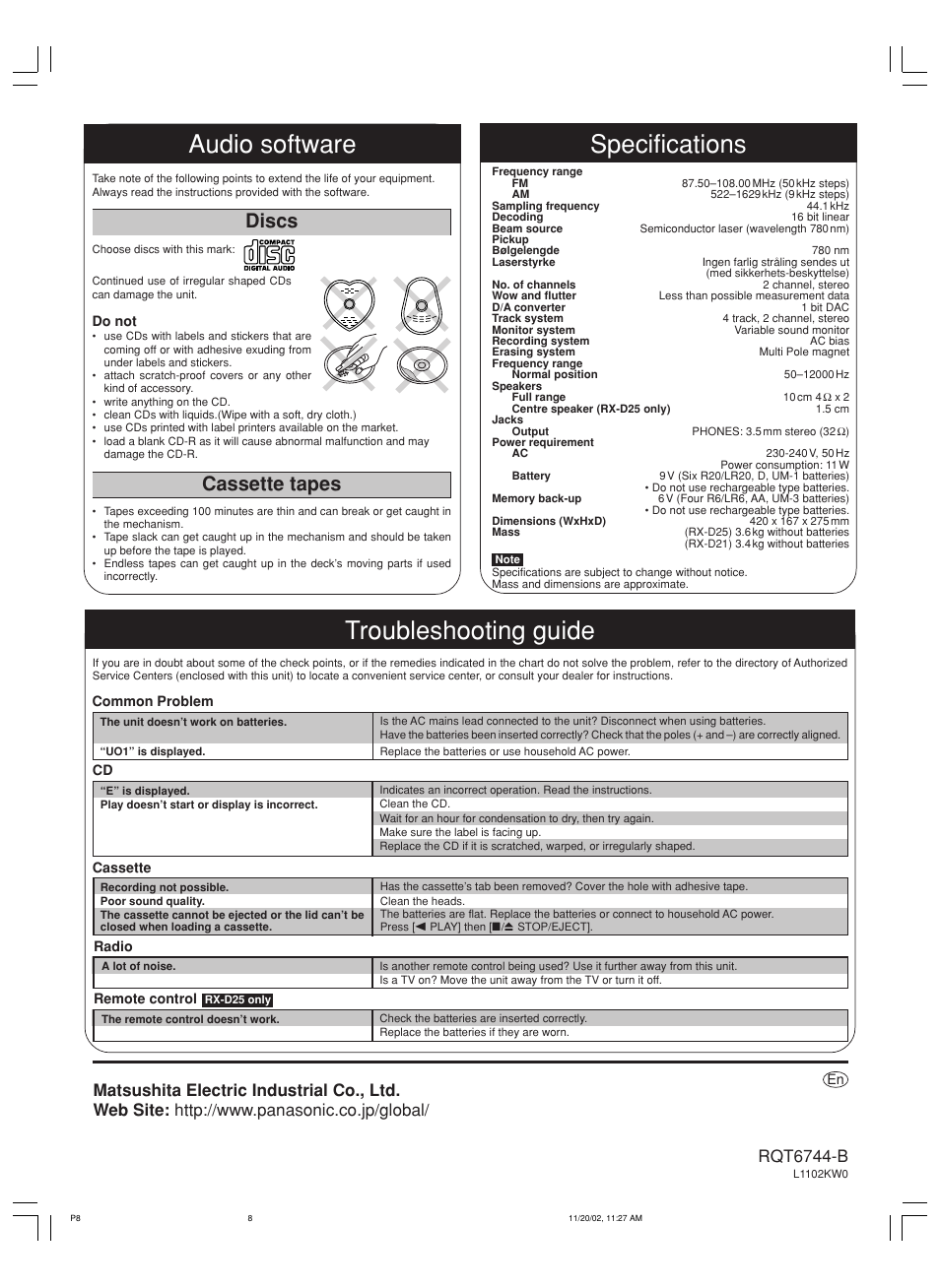 Specifications, Audio software, Troubleshooting guide | Discs, Cassette tapes | Panasonic RX-D21 User Manual | Page 8 / 8