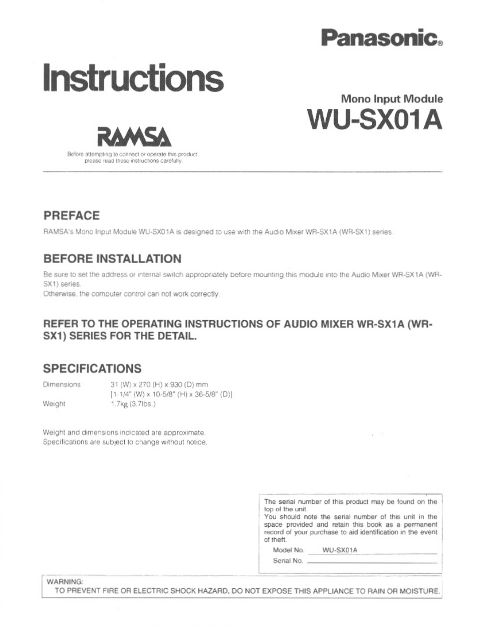 Panasonic RAMSA WU-SX01A User Manual | 2 pages