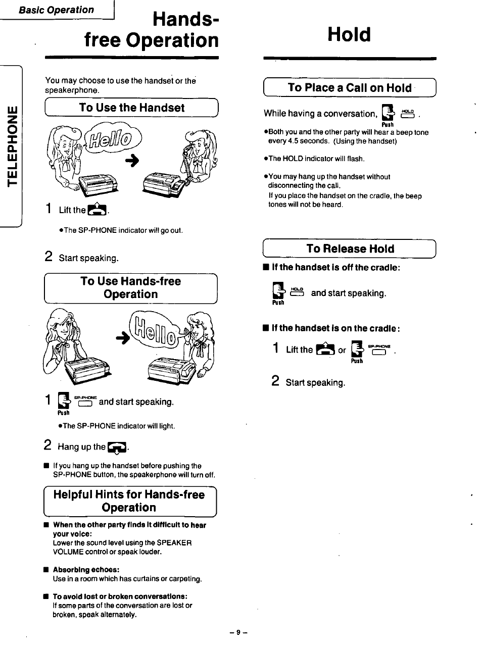 Handsfree operation, 1 lift the, 2 start speaking | 1 ^ and start speaking, 2 hang up the, Helpful hints for hands-free operation, While having a conversation, 3, If the handset is off the cradle, A and start speaking, Hands-free operation | Panasonic TELEPHONE ANSWERING MACHING KX-F115 User Manual | Page 10 / 34