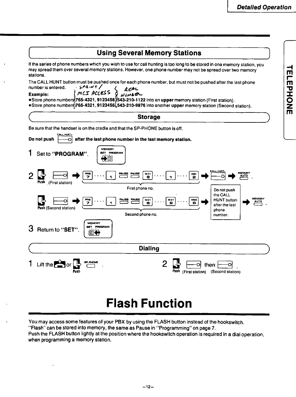 Using several memory stations, Storage, 1 set to “program | 3 return to “set, Dialing, 1 lift the, Then, Flash function, Detailed operation, 2 ^ i | Panasonic TELEPHONE ANSWERING MACHING KX-F115 User Manual | Page 13 / 34