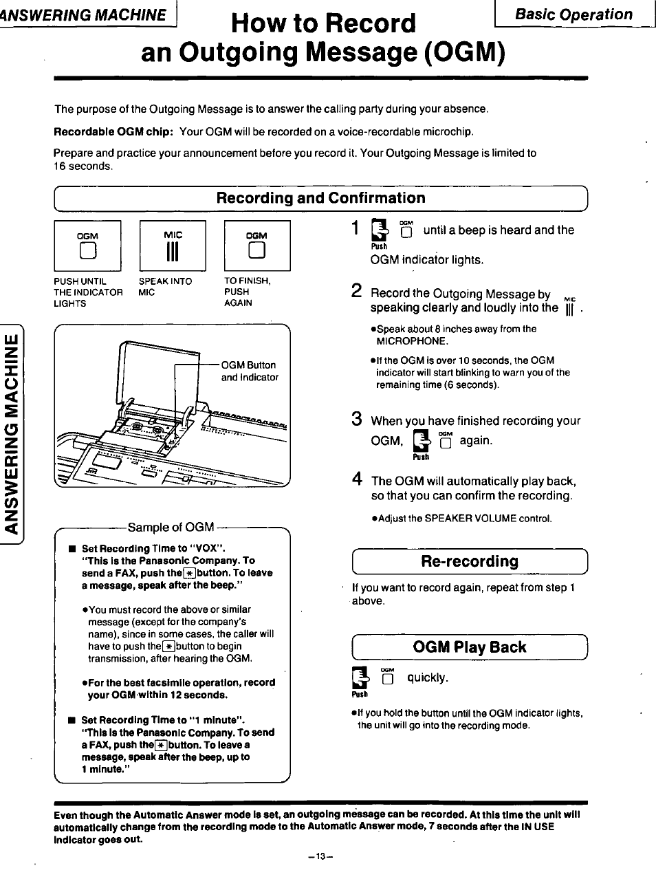 An outgoing message (ogm), Recording and confirmation, Sample of ogm | 1 ^ □ until a beep is heard and the, Ogm indicator lights, Re-recording, Quickly, Ogm play back, How to record, Answering machine | Panasonic TELEPHONE ANSWERING MACHING KX-F115 User Manual | Page 14 / 34