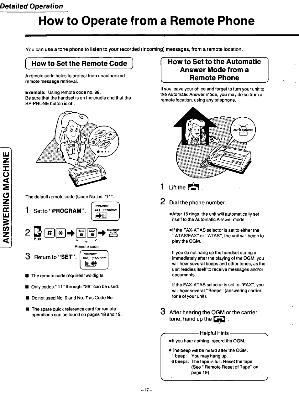 How to operate from a remote phone, How to set the remote code, 1 set to “program | 3 return to “set, 1 lift the, 2 dial the phone number, Detailed operation | Panasonic TELEPHONE ANSWERING MACHING KX-F115 User Manual | Page 18 / 34