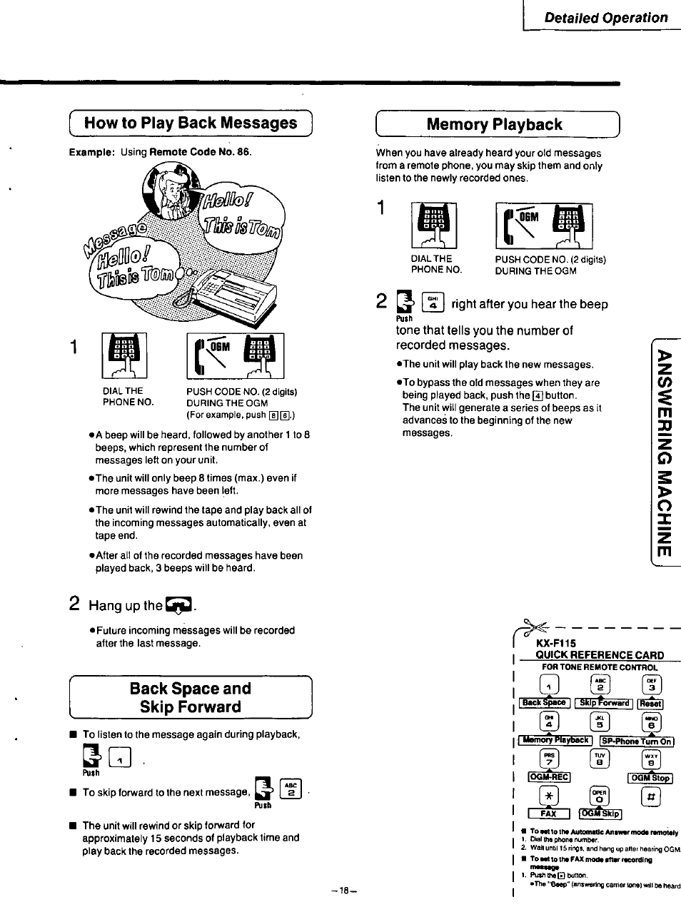 How to play back messages, Back space and skip forward, Memory playback | 2 ^ i g i right after you hear the beep, Detailed operation, Hang up the | Panasonic TELEPHONE ANSWERING MACHING KX-F115 User Manual | Page 19 / 34