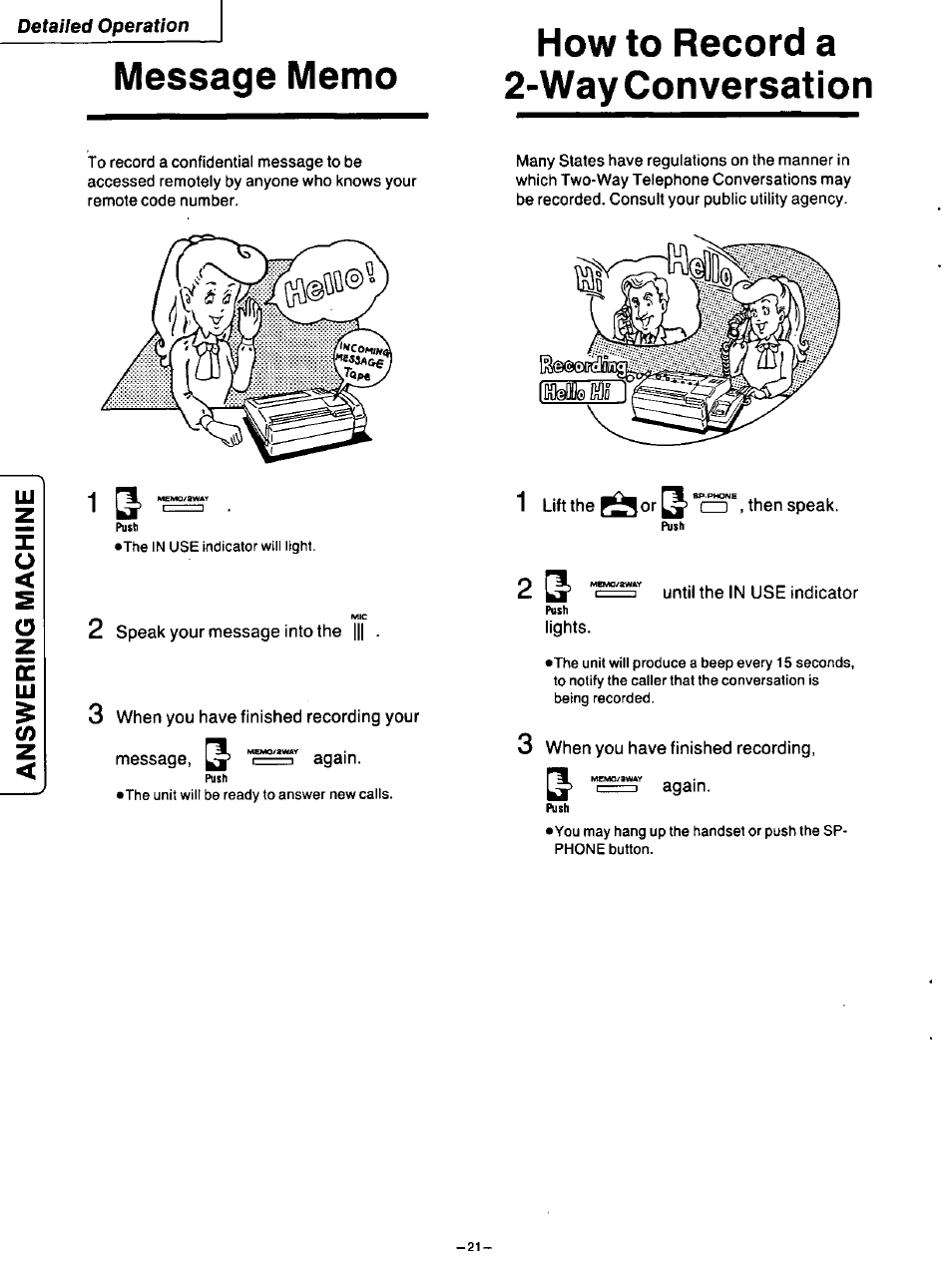 Message memo, How to record a 2-way conversation, Detailed operation | Panasonic TELEPHONE ANSWERING MACHING KX-F115 User Manual | Page 22 / 34