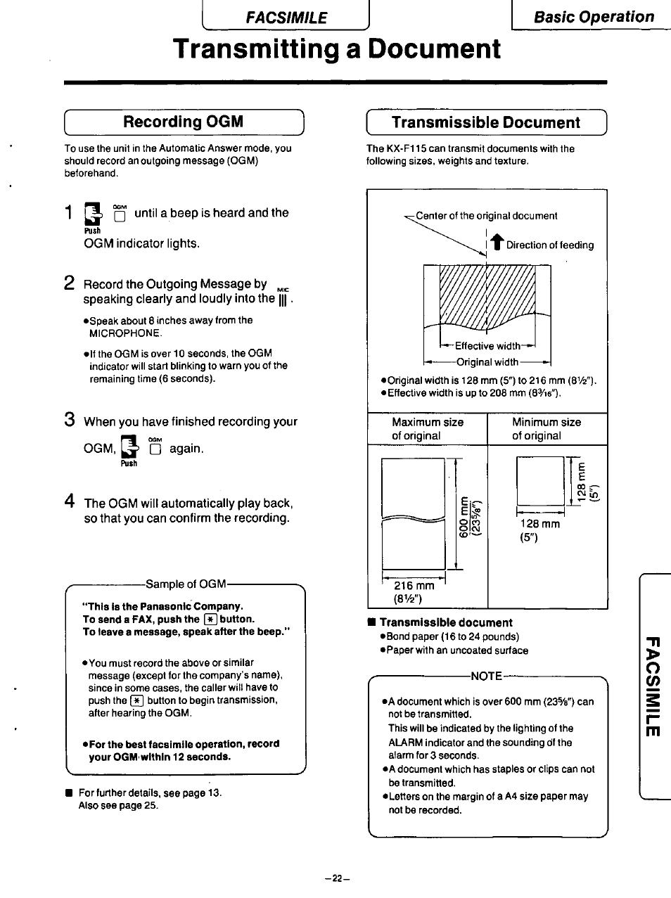 Recording ogm, Transmissible document, 1 ^ □ until a beep is heard and the | Ogm indicator lights, 3 when you have finished recording your, Ogm, ^ □ again, This is the panasonic contpany, Transmitting a document, Facsimile basic operation, Recording ogm transmissible document | Panasonic TELEPHONE ANSWERING MACHING KX-F115 User Manual | Page 23 / 34