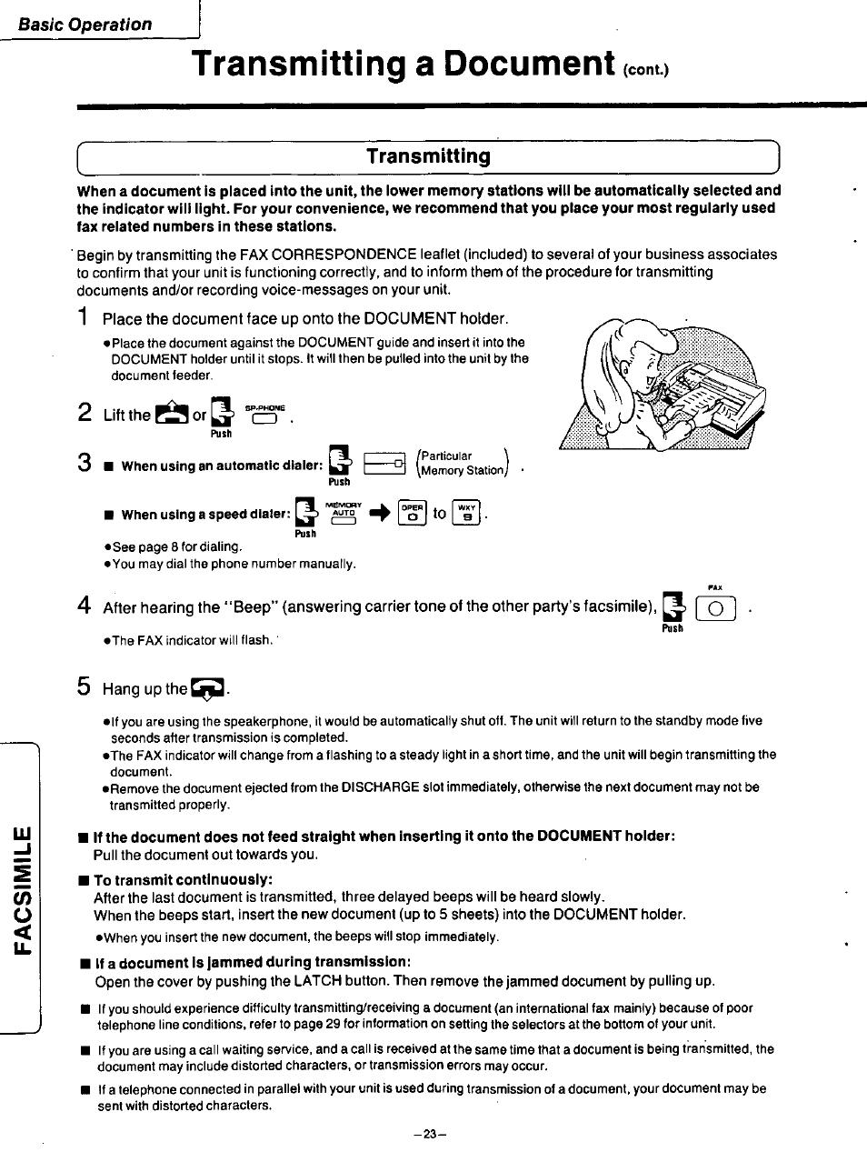 Transmitting, Lift the ^or[j, When using a speed dialer | O i to, 5 hang up the, Transmitting a document, Basic operation, Cont.) | Panasonic TELEPHONE ANSWERING MACHING KX-F115 User Manual | Page 24 / 34