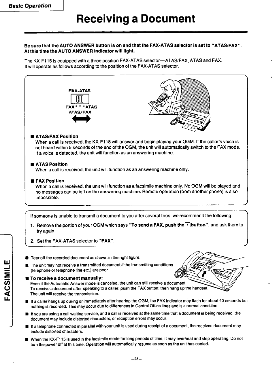 Atas/fax position, Atas position, Fax position | Receiving a document, Basic operation | Panasonic TELEPHONE ANSWERING MACHING KX-F115 User Manual | Page 26 / 34