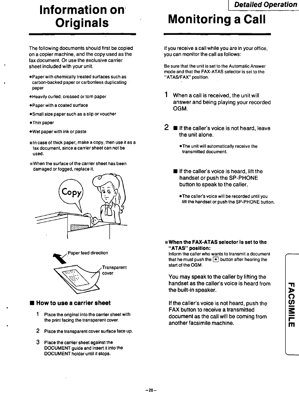 Information on originals, Monitoring a call, How to use a carrier sheet | Detailed operation | Panasonic TELEPHONE ANSWERING MACHING KX-F115 User Manual | Page 27 / 34