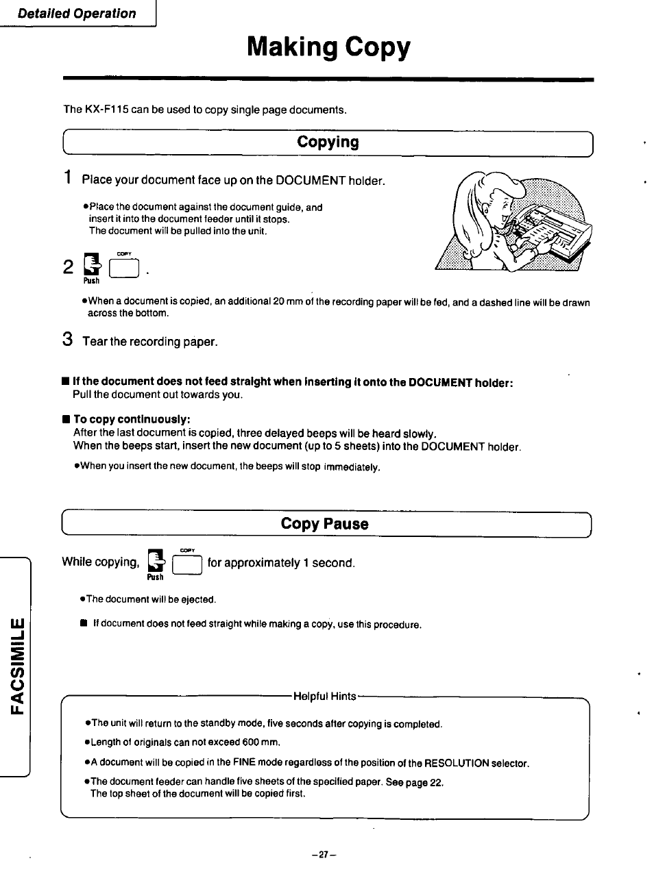 Making copy, Copying, 3 tear the recording paper | To copy continuously, Copy pause, While copying, ^ | | for approximately 1 second, Detailed operation | Panasonic TELEPHONE ANSWERING MACHING KX-F115 User Manual | Page 28 / 34