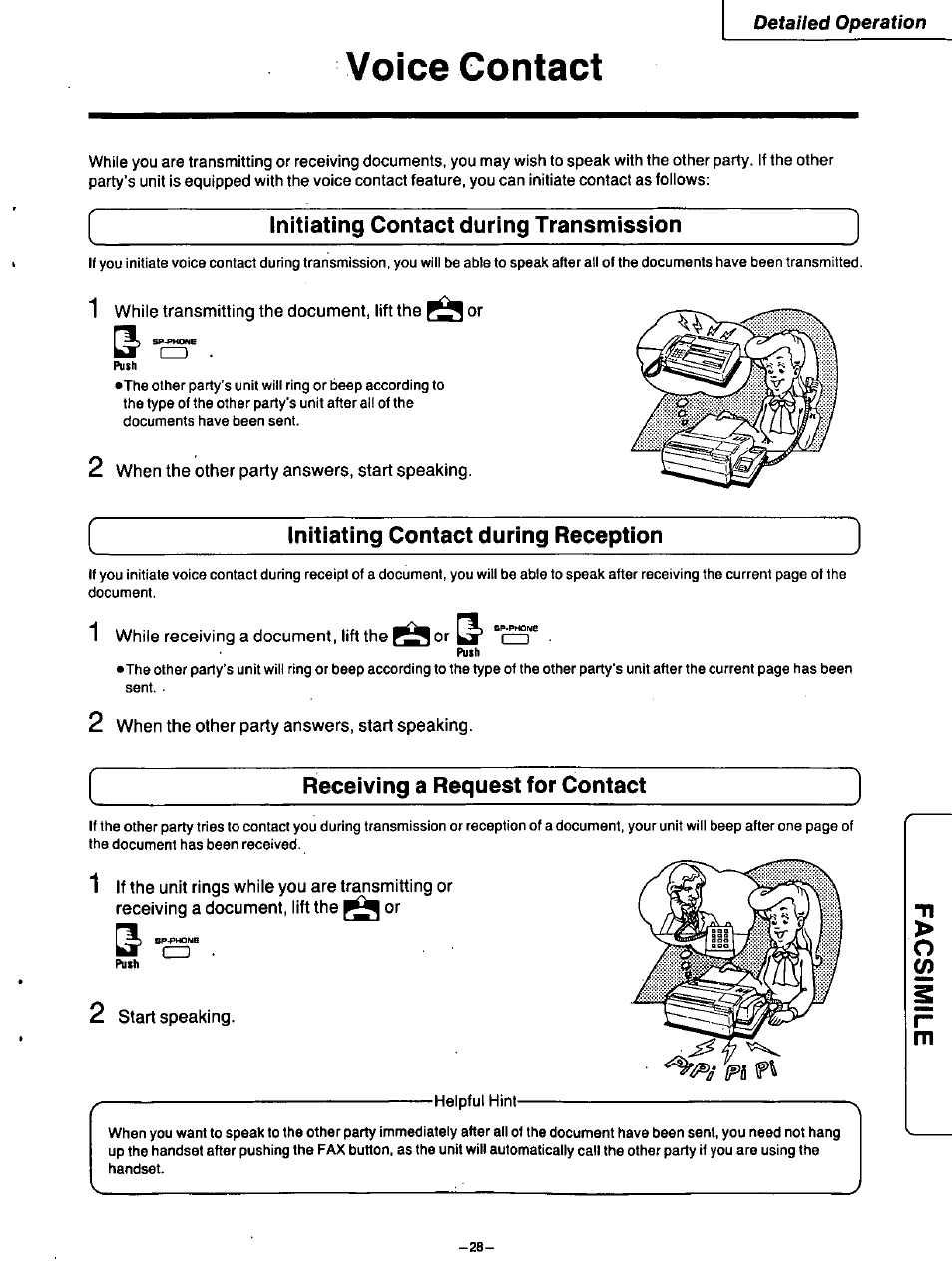 Voice contact, Initiating contact during transmission, 1 while transmitting the document, lift the or | 2 when the other party answers, start speaking, Initiating contact during reception, 1 while receiving a document, lift the йог, Receiving a request for contact, 2 start speaking, Detailed operation | Panasonic TELEPHONE ANSWERING MACHING KX-F115 User Manual | Page 29 / 34