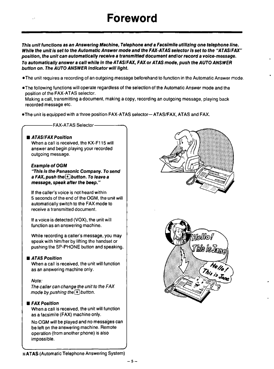 Foreword | Panasonic TELEPHONE ANSWERING MACHING KX-F115 User Manual | Page 6 / 34