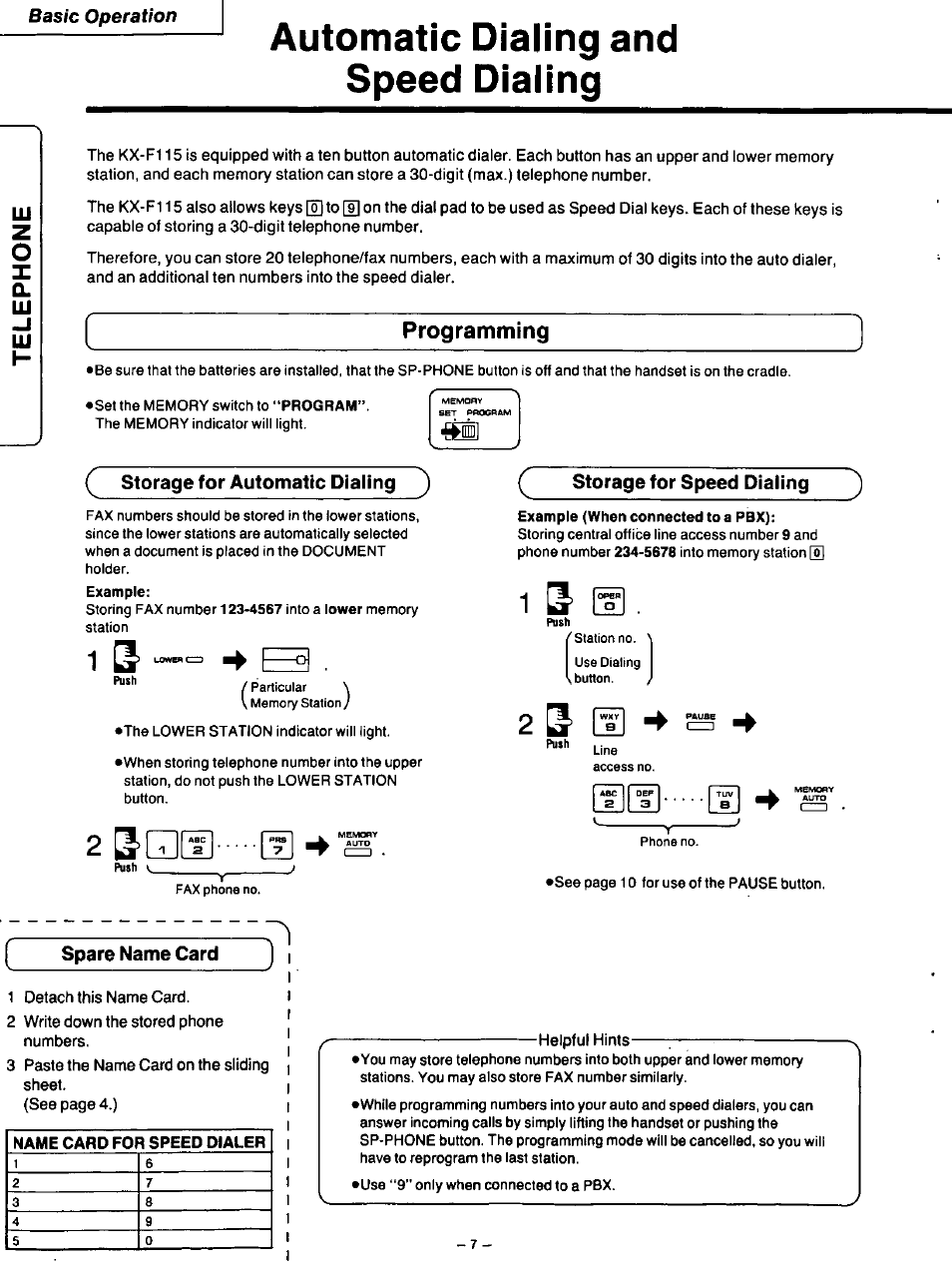 Automatic dialing and speed dialing, Basic operation, Programming | Panasonic TELEPHONE ANSWERING MACHING KX-F115 User Manual | Page 8 / 34