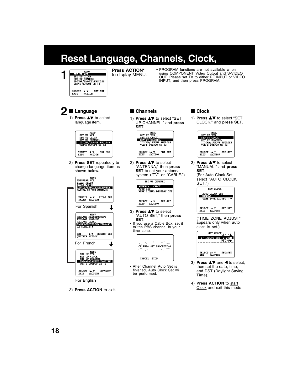 Basic operation, Reset language, channels, clock | Panasonic AG-VP320 User Manual | Page 18 / 64