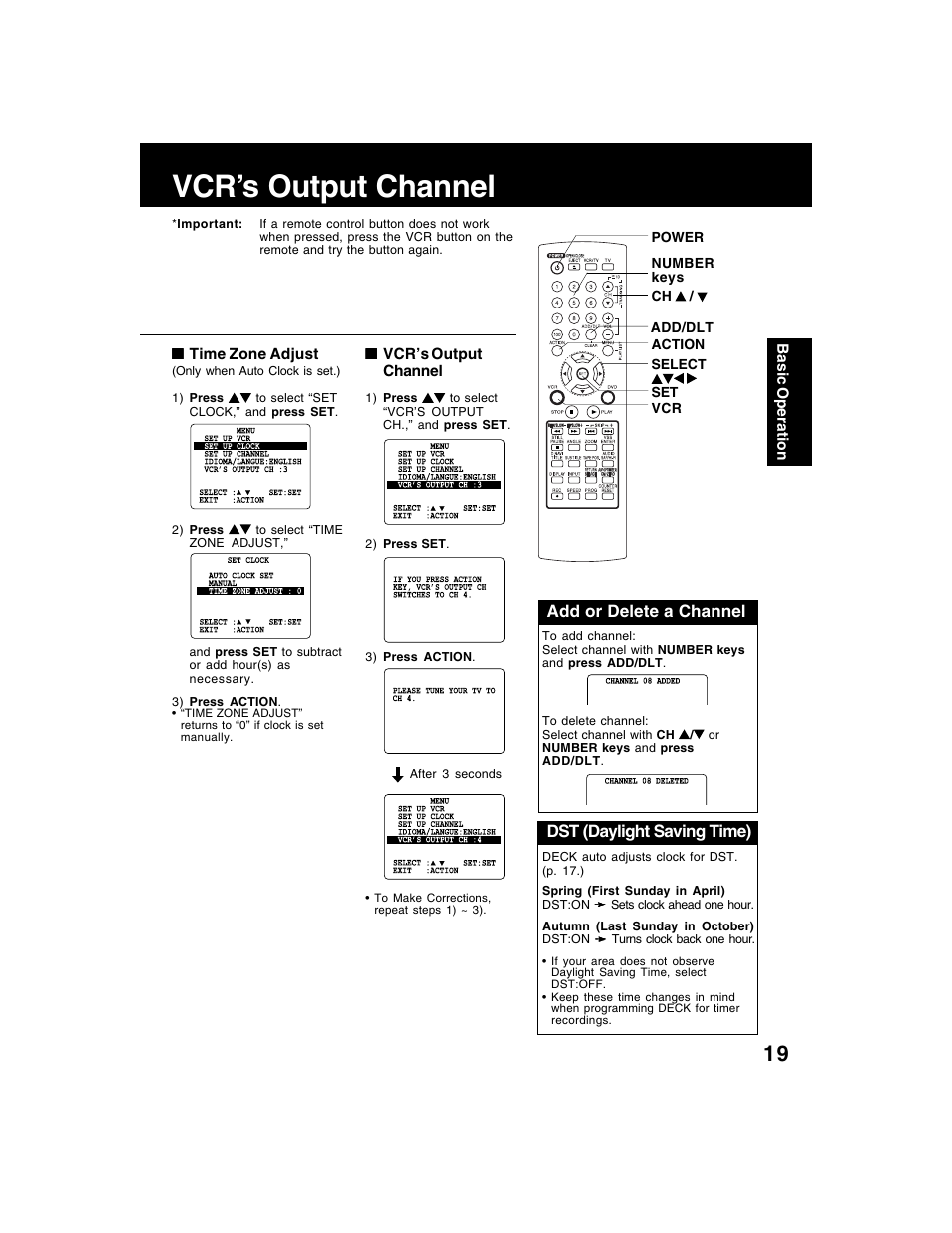 Vcr’s output channel, Add or delete a channel, Dst (daylight saving time) | Panasonic AG-VP320 User Manual | Page 19 / 64