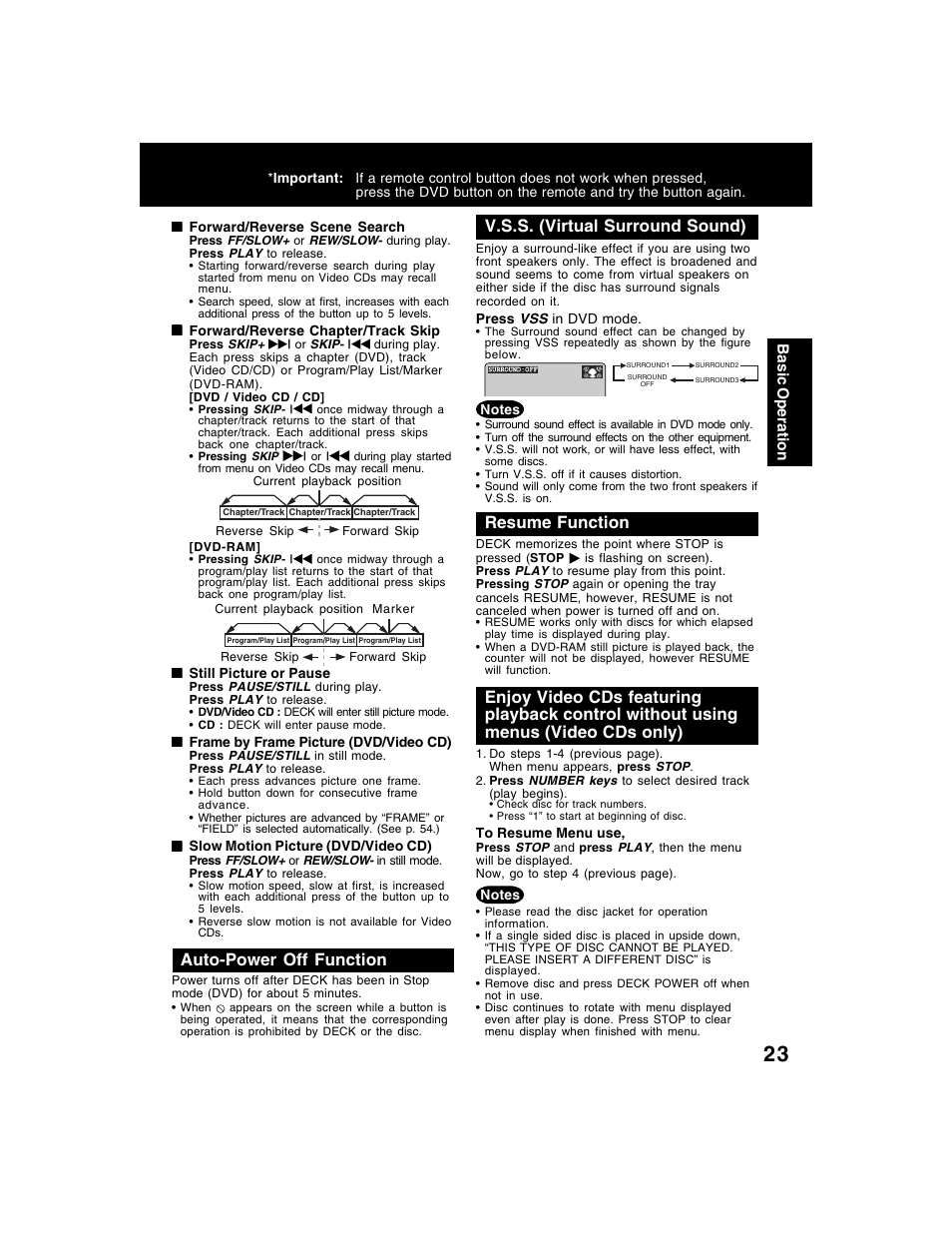 V.s.s. (virtual surround sound), Auto-power off function, Resume function | Panasonic AG-VP320 User Manual | Page 23 / 64