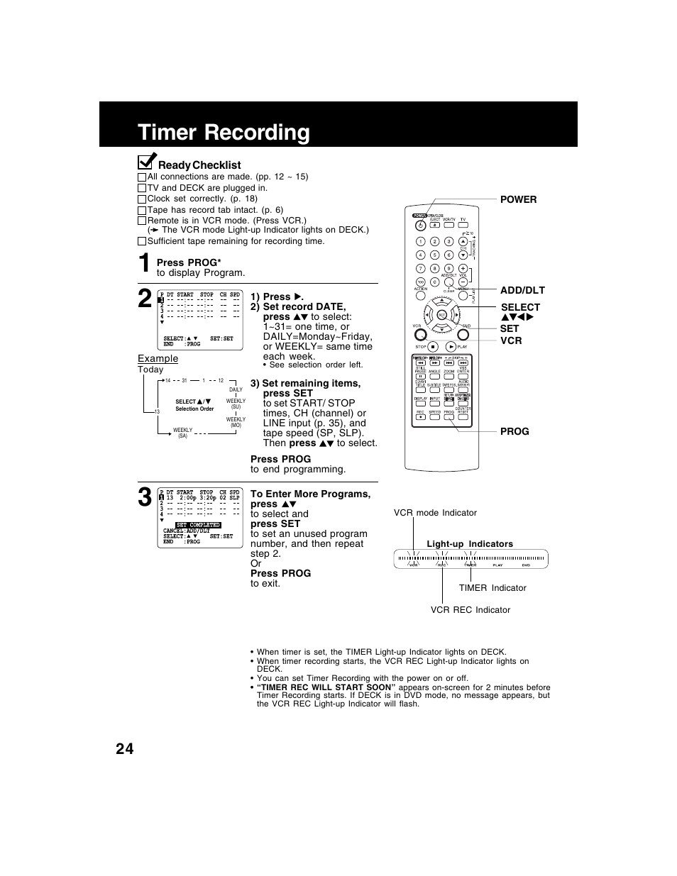 Vcr operation, Timer recording | Panasonic AG-VP320 User Manual | Page 24 / 64