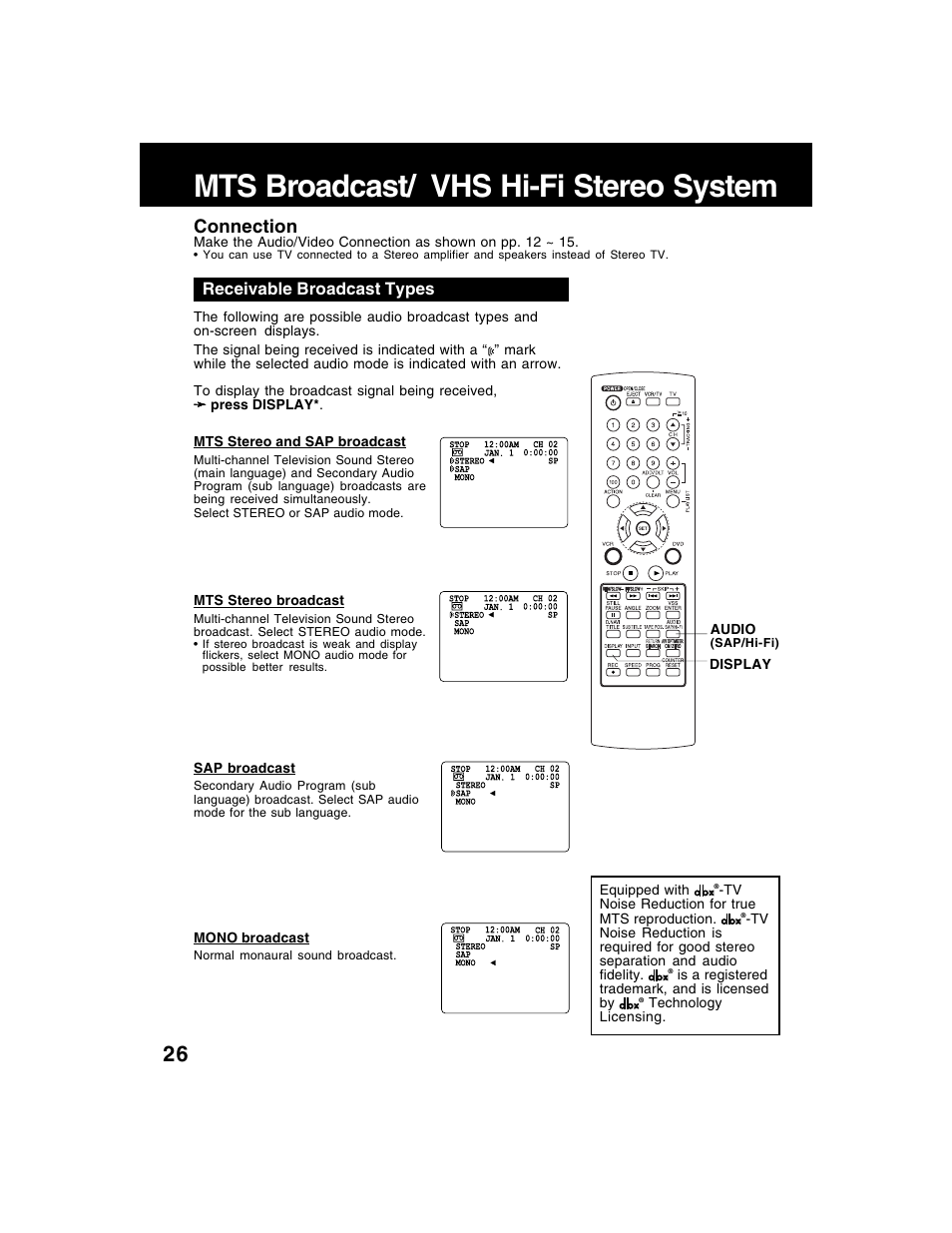 Mts broadcast/ vhs hi-fi stereo system, Connection, Receivable broadcast types | Panasonic AG-VP320 User Manual | Page 26 / 64